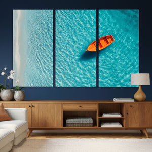 Minimalist Boat Wall Art Canvas Print, Aerial Sea Landscape