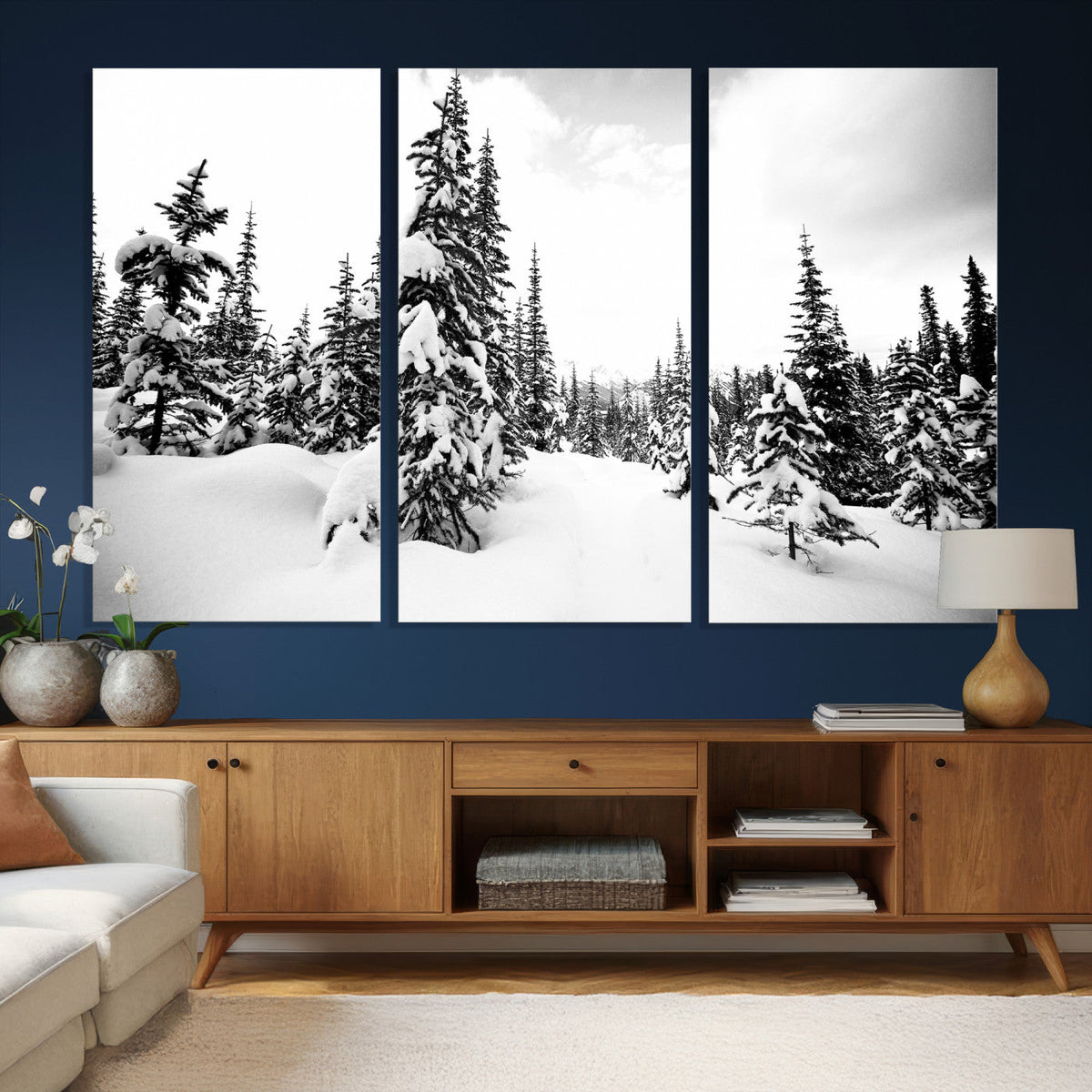 Black and White Snowy Pine Forest Wall Art Canvas Print,