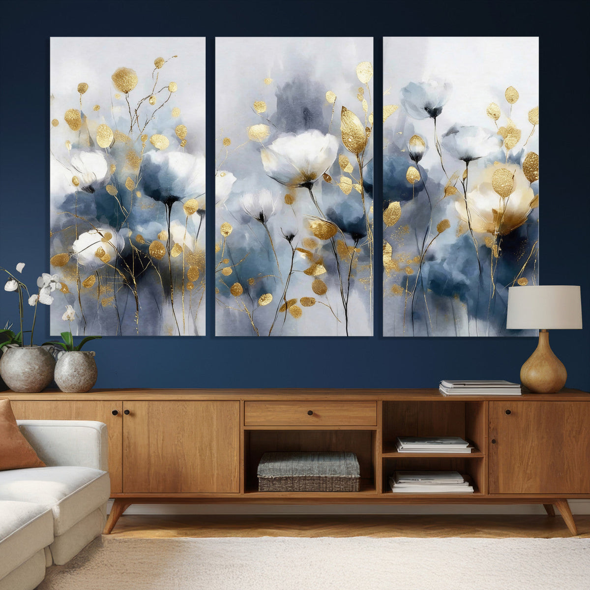 Large Abstract Flowers Wall Art Canvas Print – Gold and Blue