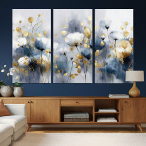 Large Abstract Flowers Wall Art Canvas Print – Gold and Blue
