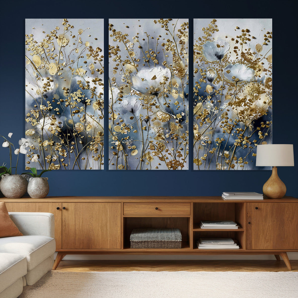 Abstract Floral Wall Art Canvas Print – Gold and Blue