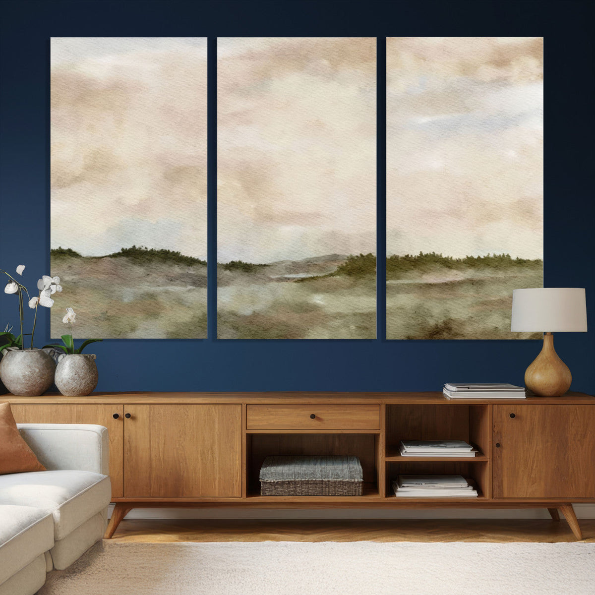 Muted Watercolor Hill Landscape Print — Beige Taupe Cloudy
