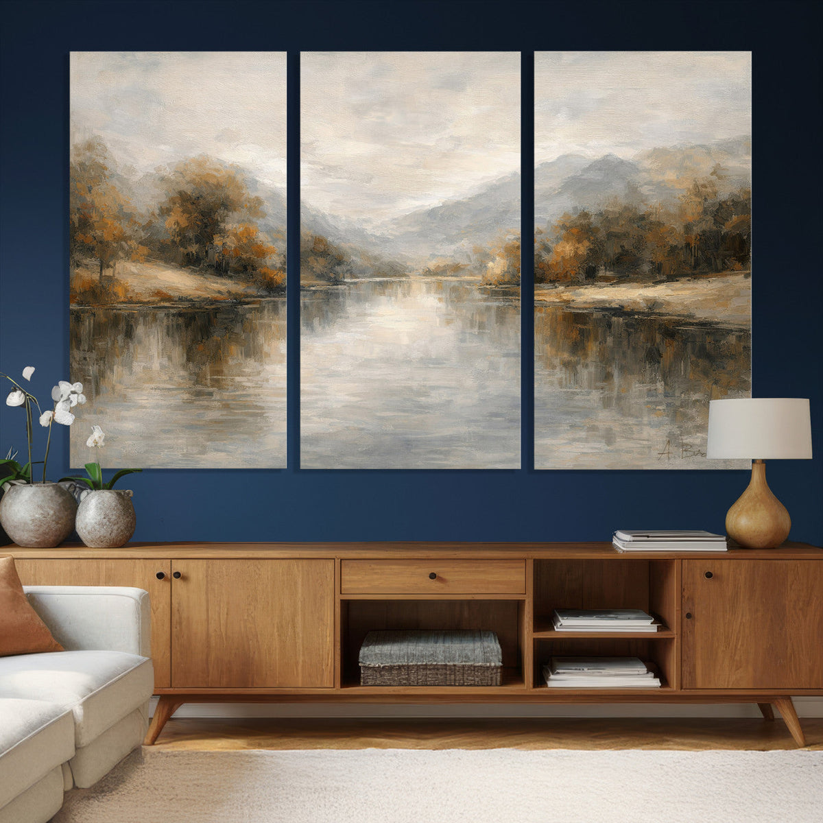 Neutral Abstract River Landscape Wall Art Canvas Print