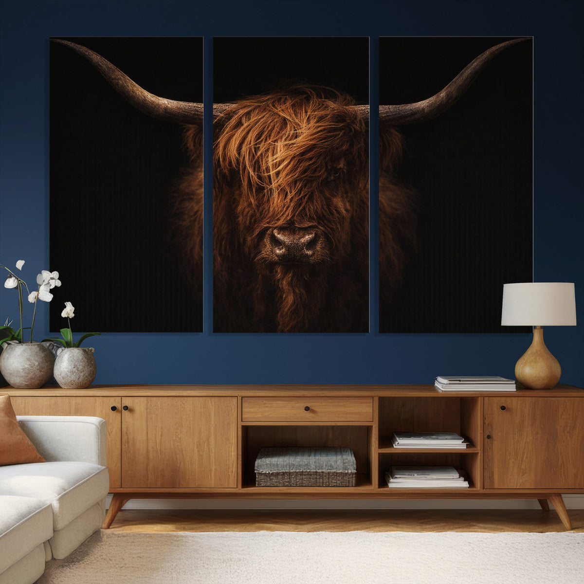 Highland Cow Wall Art Canvas Print – Moody Dark Rustic