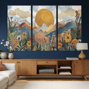 Boho Mountain Landscape Large Wall Art, Horizontal Gold