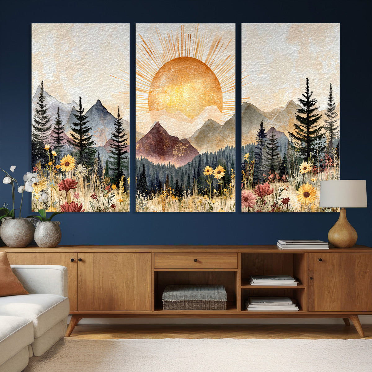 Boho Mountain Landscape Large Wall Art, Horizontal Gold