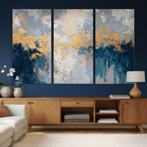 Blue Gold Abstract Large Framed Canvas Wall Art, Modern