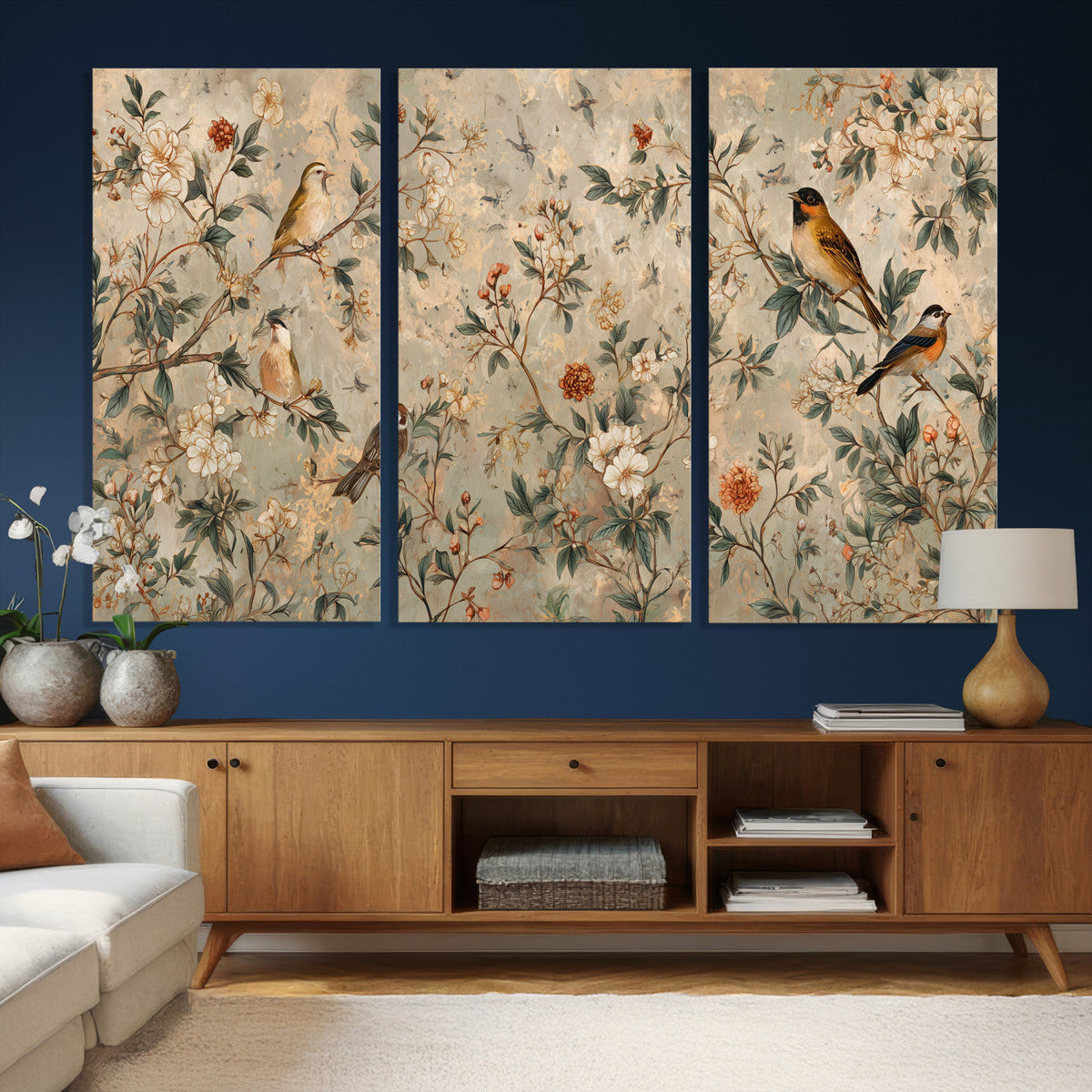 Vintage Birds and Flowers Wall Art Canvas Print, Botanical