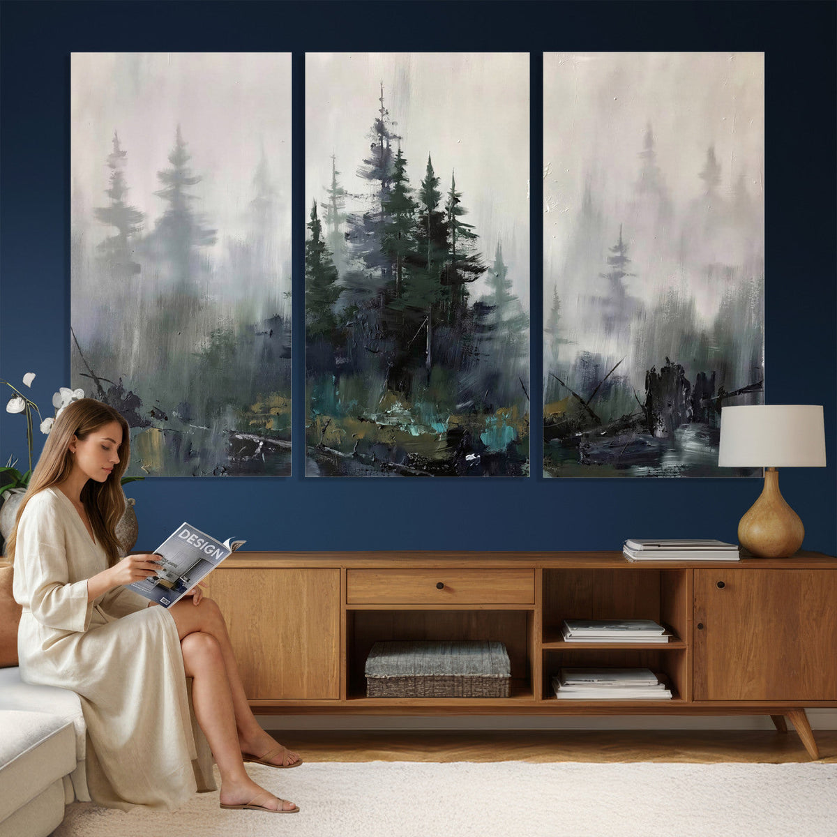 Misty Pine Forest Oil Painting Canvas — Dark Moody Teal Grey