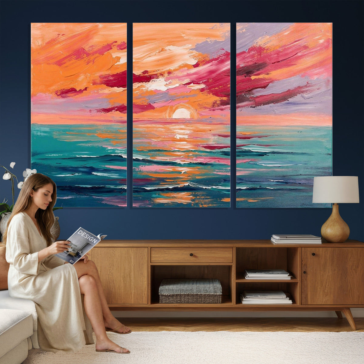 Bold Palette Knife Ocean Sunset Canvas — Orange Pink Teal