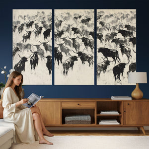 Longhorn Cattle Canvas Wall Art, Black White Stampede Ink