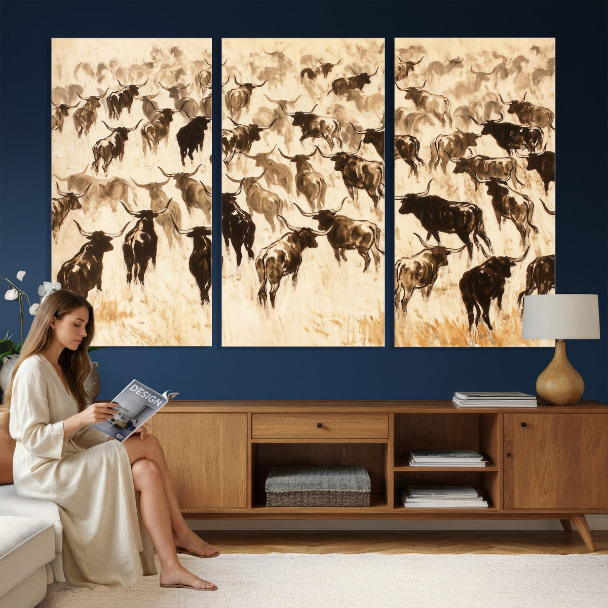 Texas Longhorn Sepia Canvas Wall Art, Western Cattle
