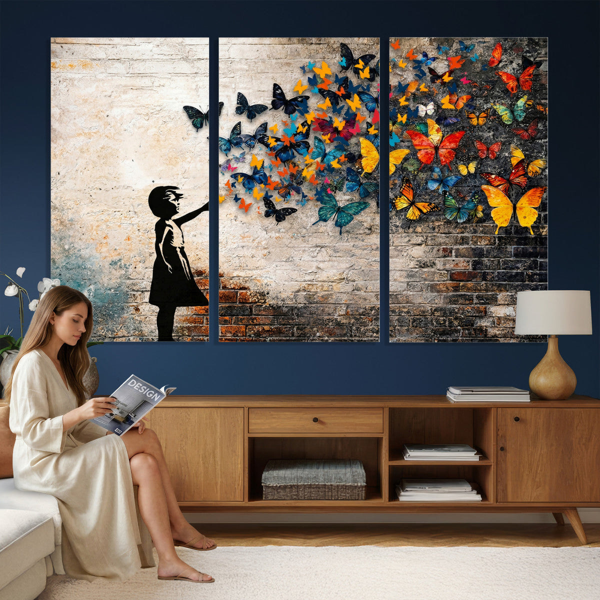 Banksy Graffiti Butterfly Girl Wall Art Canvas Print, Framed