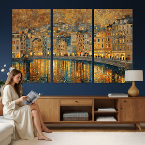 Gustav Klimt Golden Cityscape Wall Art Canvas Print, Framed