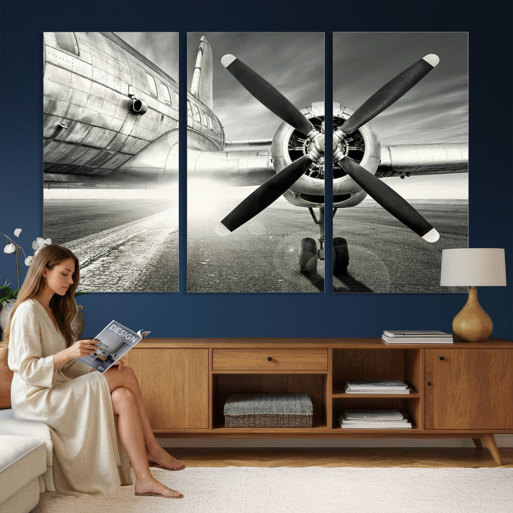 Vintage Airplane Wall Art Canvas Print, Black and White