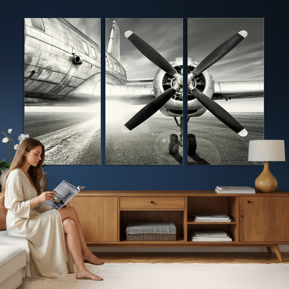 Vintage Airplane Wall Art Canvas Print, Black and White