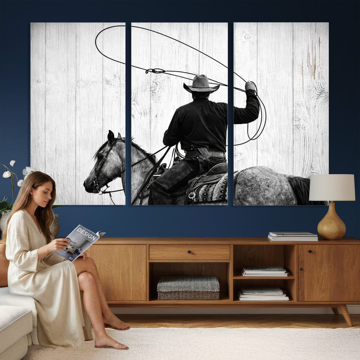 Cowboy Lasso Canvas Wall Art, Black White Western Horse