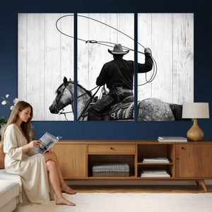 Cowboy Lasso Canvas Wall Art, Black White Western Horse