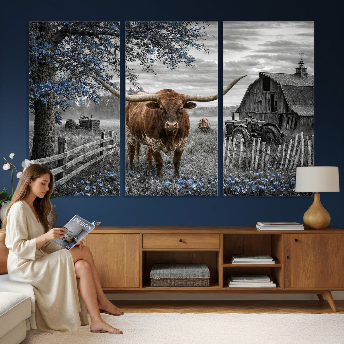 Texas Longhorn Canvas Wall Art, Rustic Farm Barn Bluebonnet