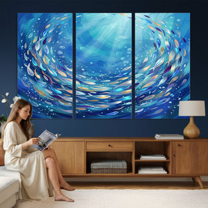School of Fish Canvas Print | Blue Ocean Underwater Wall Art