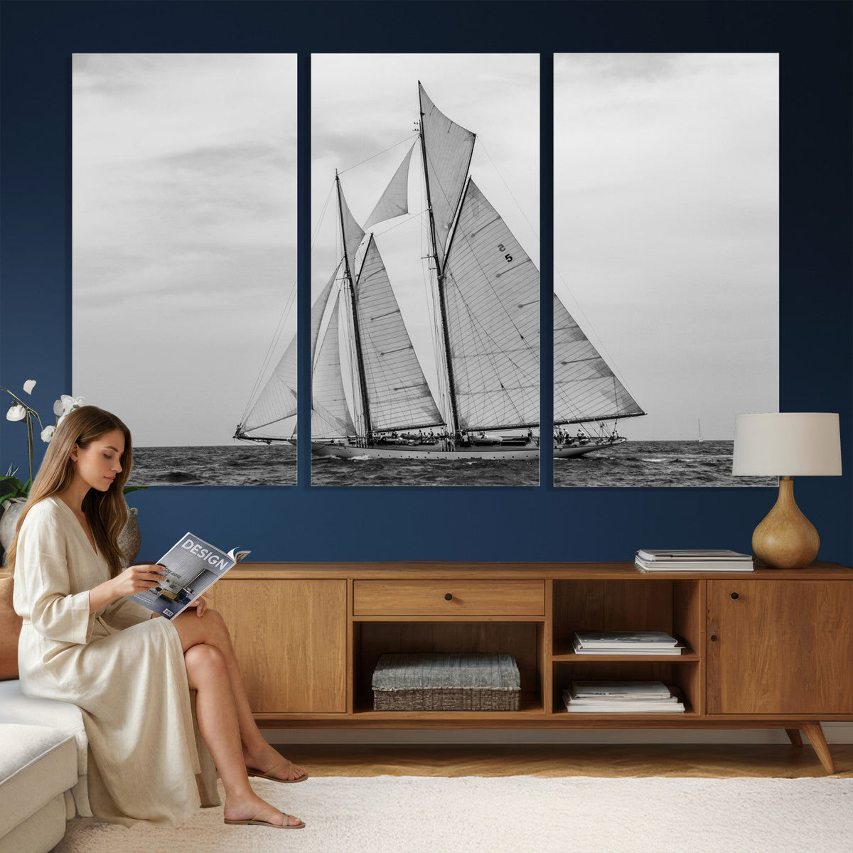 Vintage Sailboat Wall Art Canvas Print, Black and White