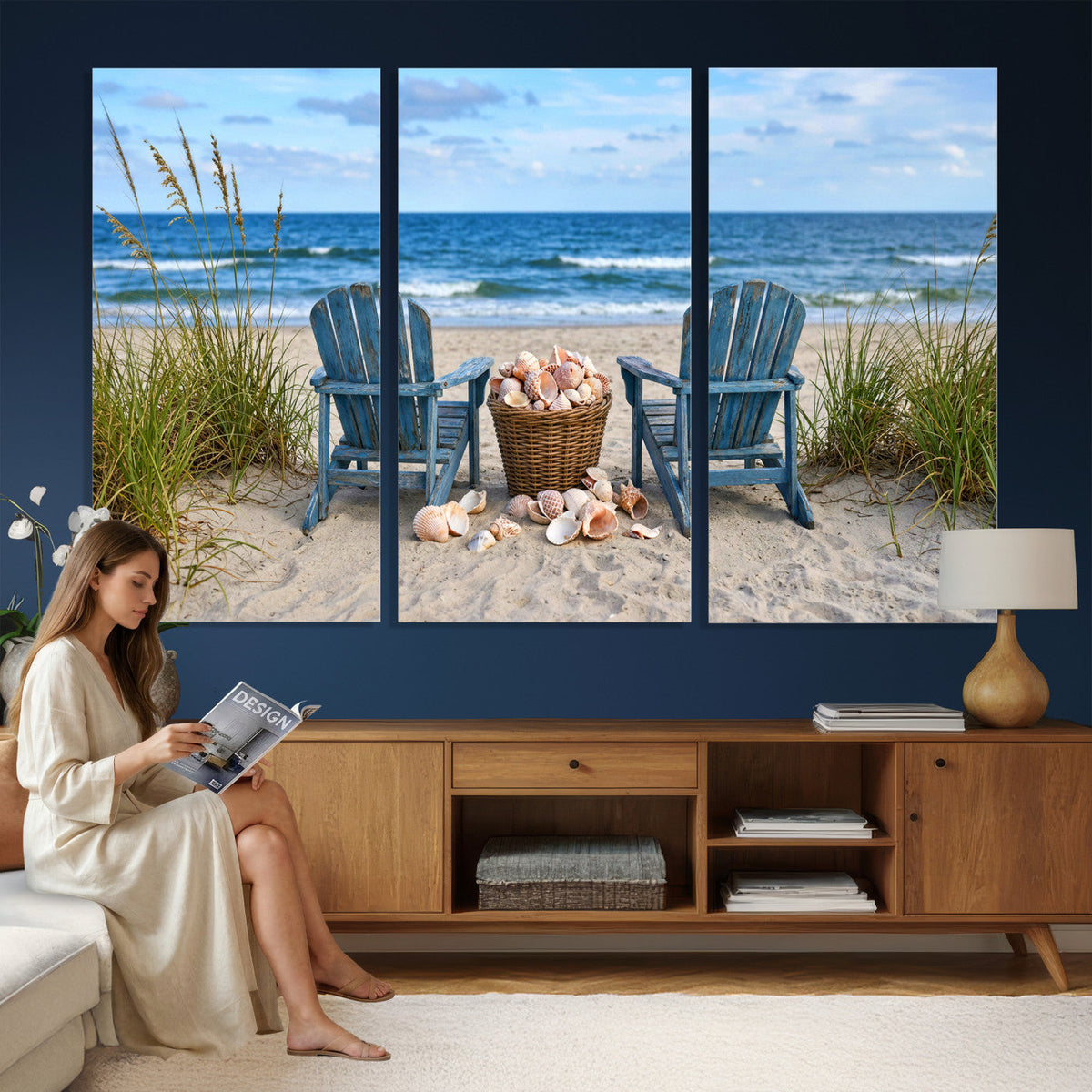 Large Beach Canvas Wall Art Coastal Adirondack Chairs Ocean