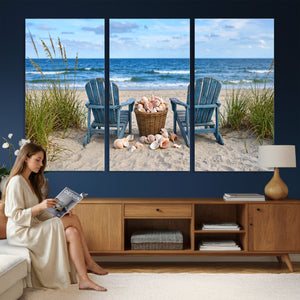 Large Beach Canvas Wall Art Coastal Adirondack Chairs Ocean