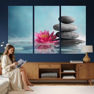 Zen Canvas Wall Art Lotus Flower Stacked Stones Teal Spa