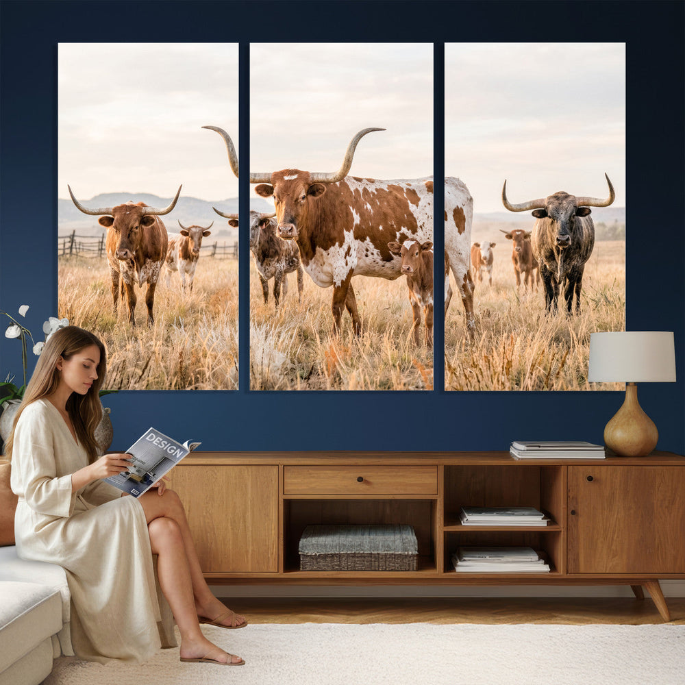 Texas Longhorn Canvas Wall Art, Rustic Farm Animal Photography Print, Farmhouse Country Decor, Western Ranch Art