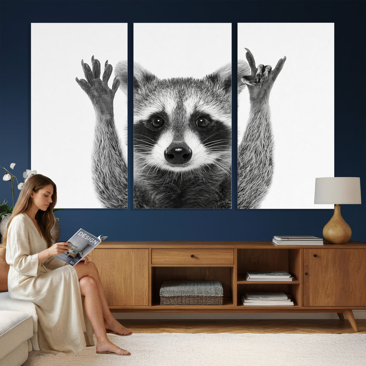 Funny Raccoon Canvas Wall Art, Black White Hands Up Animal Photo Print, Humorous Wildlife Decor, Kids Room Nursery Art, Quirky Animal Gift