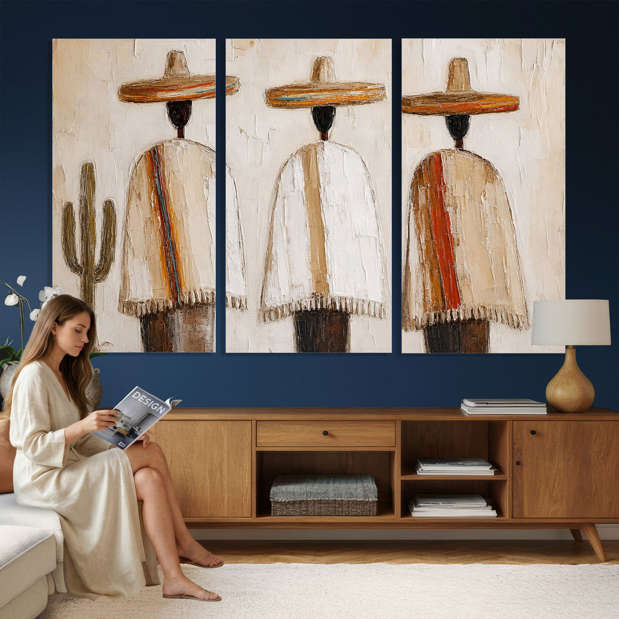 Mexican Wall Art Canvas Print, Southwestern Sombrero Poncho Painting, Neutral Earthy Boho Decor, Fiesta Living Room Art, Impasto Style Print