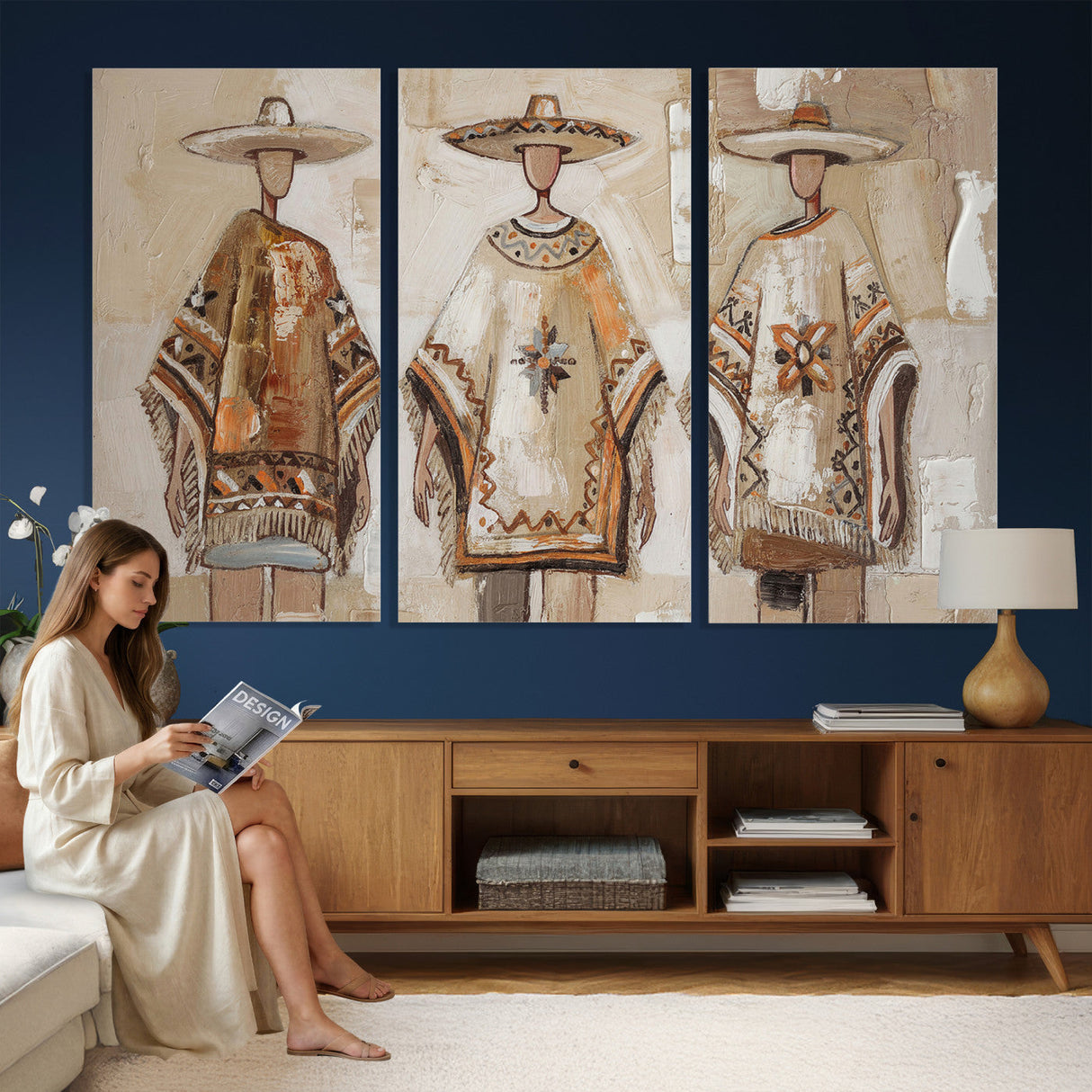 Mexican Folk Art Canvas Wall Art, Charro Poncho Sombrero Painting Print, Neutral Beige Boho Decor, Southwestern Impasto Style, Living Room Art