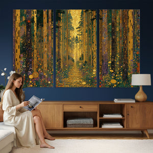 Gustav Klimt Style Forest Canvas Wall Art, Golden Forest Path Floral Art Nouveau Print, Enchanted Woodland Decor