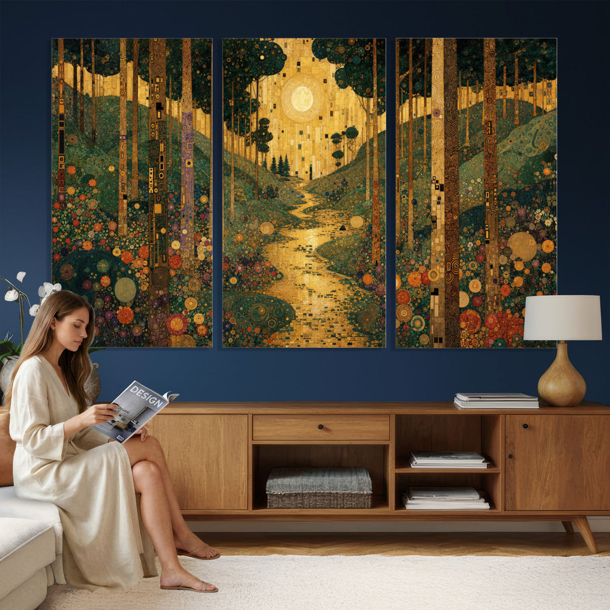 Gustav Klimt Style Forest Canvas Wall Art, Golden Forest Path Floral Art Nouveau Print, Enchanted Woodland Decor