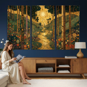 Gustav Klimt Style Forest Canvas Wall Art, Golden Forest Path Floral Art Nouveau Print, Enchanted Woodland Decor