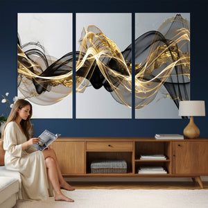 Black and Gold Abstract Wall Art, Modern Wave Canvas Print, Elegant Flowing Smoke Art, Luxury Living Room Decor
