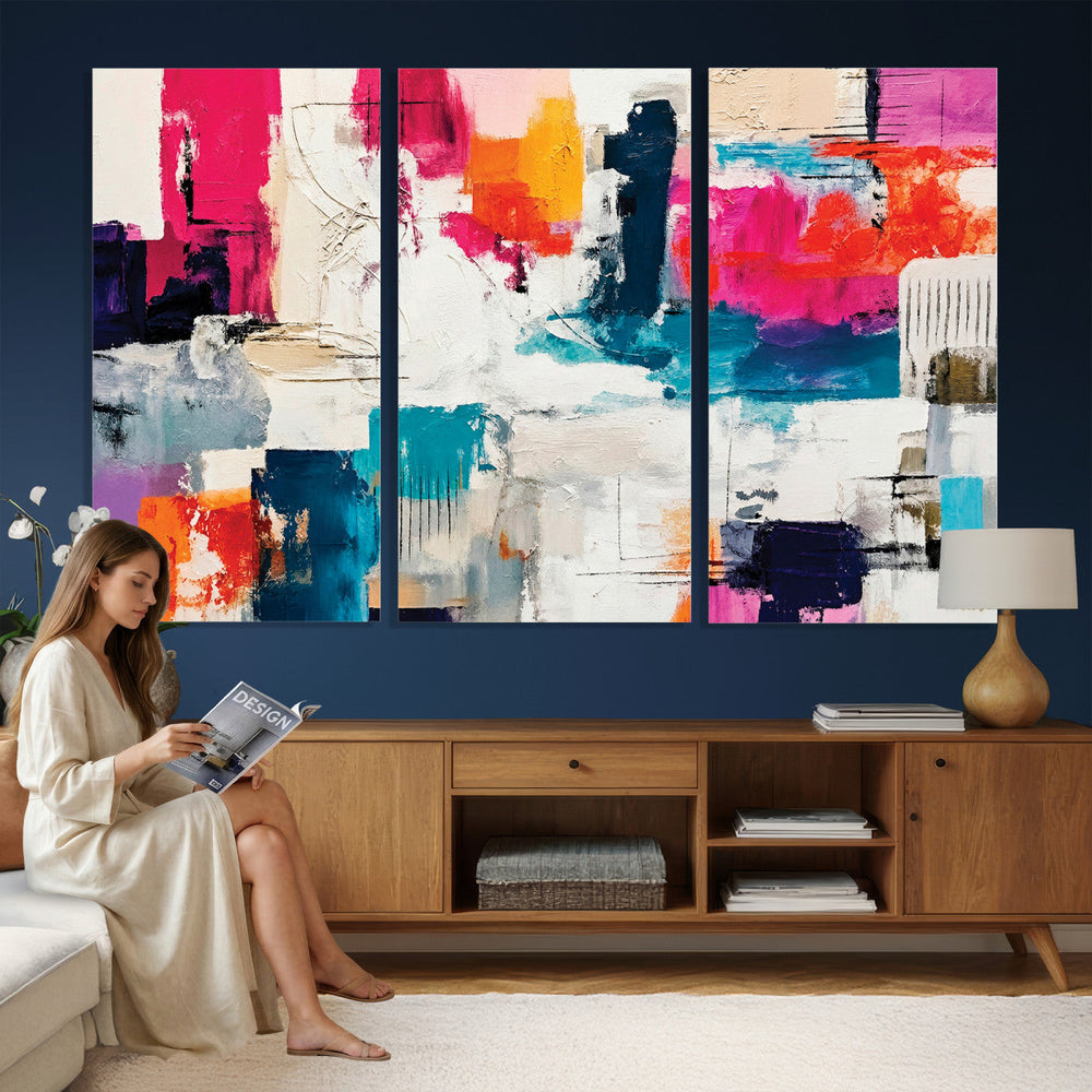 Blue Teal Abstract Canvas Wall Art, Modern Textured Painting Print, Navy Orange White Contemporary Art, Neutral Living Room Decor, Office Art