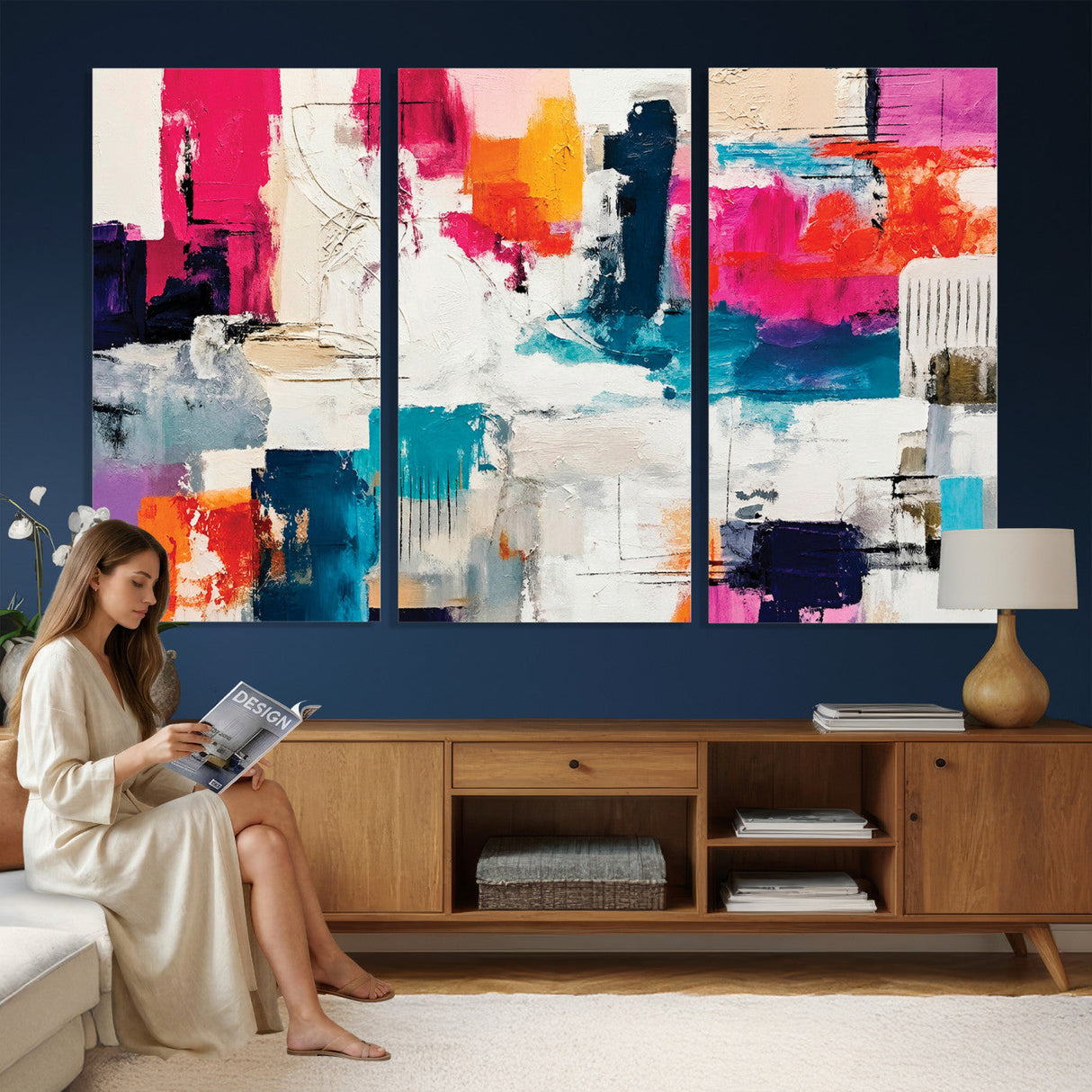 Blue Teal Abstract Canvas Wall Art, Modern Textured Painting Print, Navy Orange White Contemporary Art, Neutral Living Room Decor, Office Art