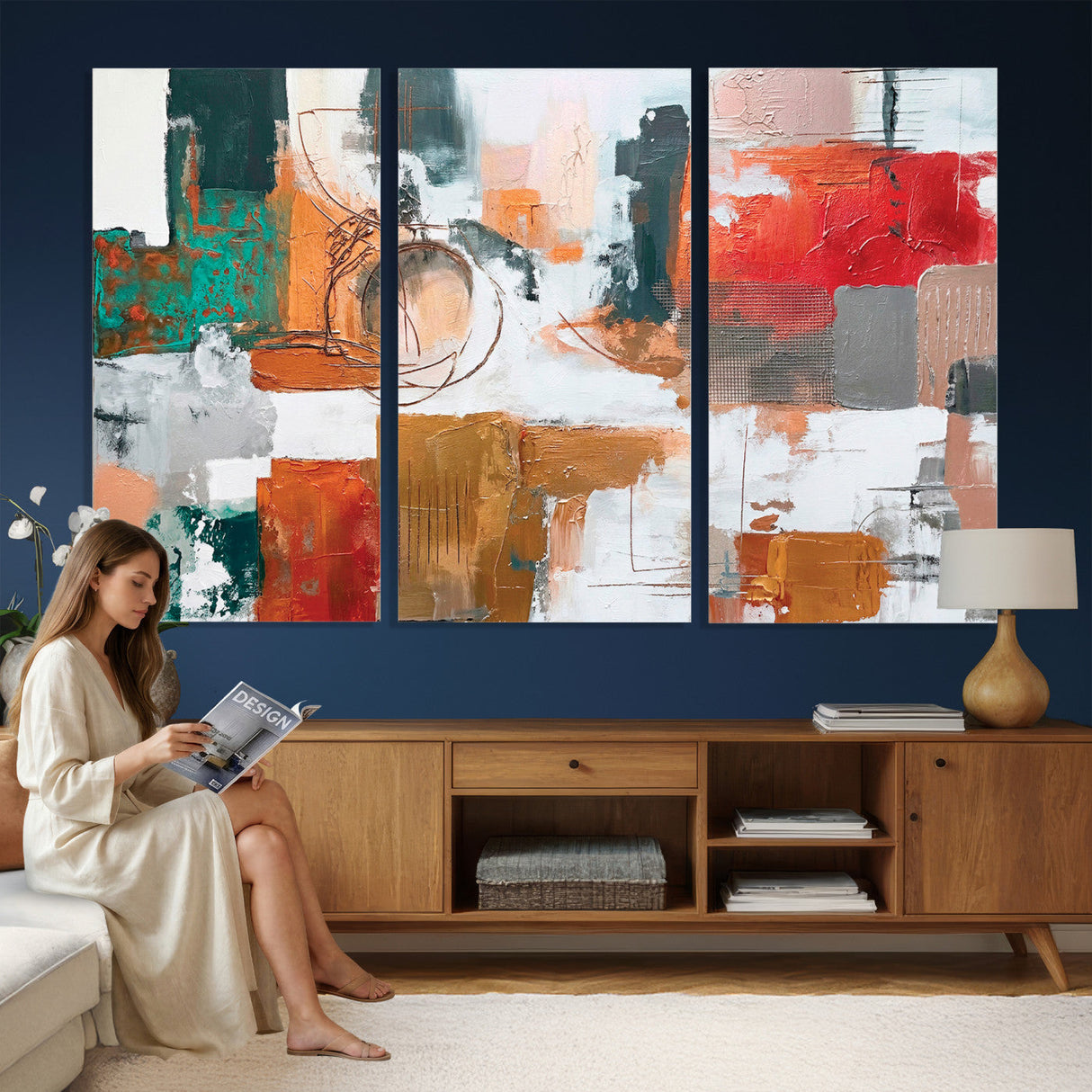 Blue Teal Abstract Canvas Wall Art, Modern Textured Painting Print, Navy Orange White Contemporary Art, Neutral Living Room Decor, Office Art