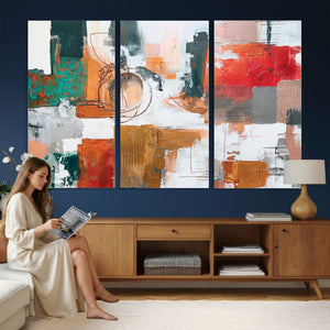 Blue Teal Abstract Canvas Wall Art, Modern Textured Painting Print, Navy Orange White Contemporary Art, Neutral Living Room Decor, Office Art