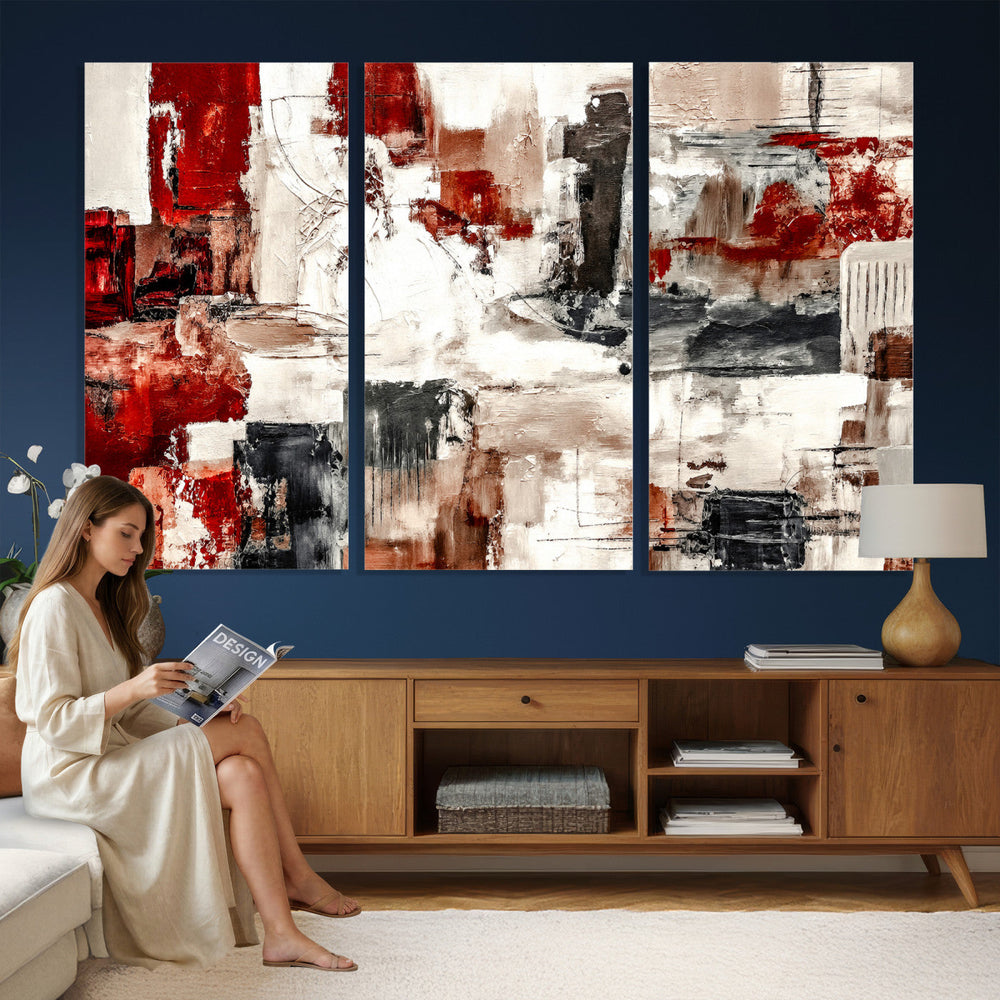 Blue Teal Abstract Canvas Wall Art, Modern Textured Painting Print, Navy Orange White Contemporary Art, Neutral Living Room Decor, Office Art