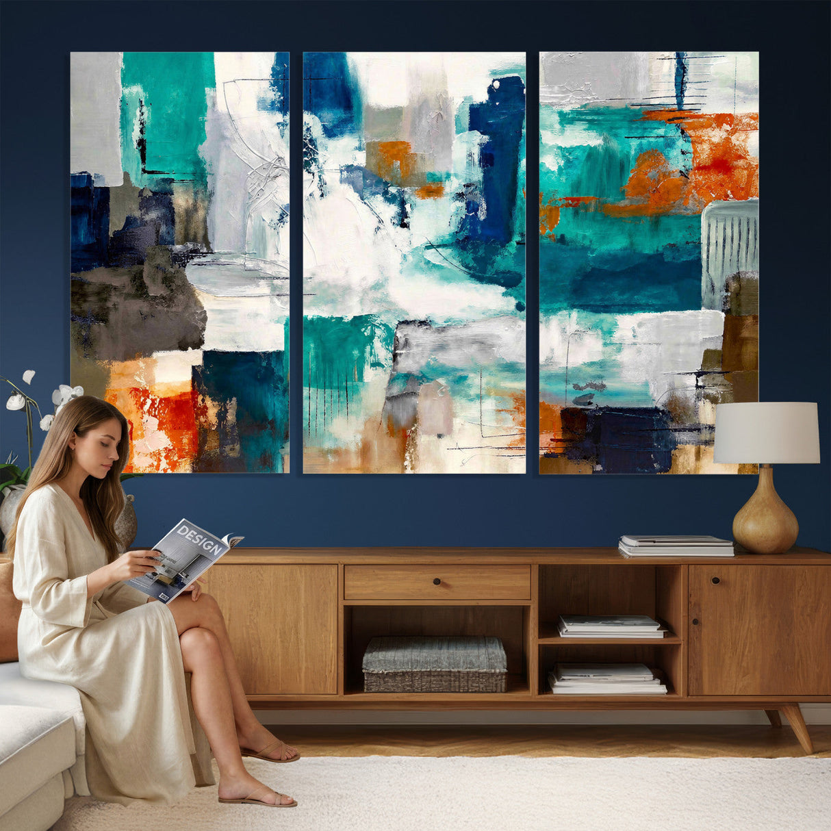 Blue Teal Abstract Canvas Wall Art, Modern Textured Painting Print, Navy Orange White Contemporary Art, Neutral Living Room Decor, Office Art