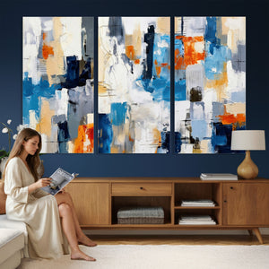 Blue Teal Abstract Canvas Wall Art, Modern Textured Painting Print, Navy Orange White Contemporary Art, Neutral Living Room Decor, Office Art