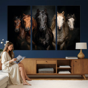 Horse Wall Art Canvas Print, Wild Horses Portrait Photography, Dramatic Equestrian Decor, Black Brown White Horse Herd, Rustic Ranch Art