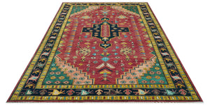 Custom Made Red And Green Traditional Heriz Design Hand Knotted Wool Rug