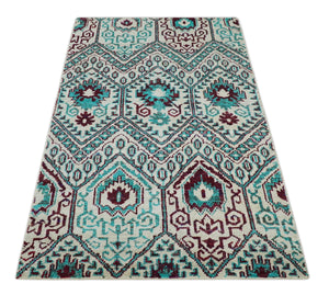 5x8 Hand Knotted Ivory, Blue and Red Antique Contemporary Bamboo Silk Area Rug