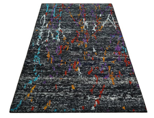 5x8 Hand Knotted Black and Rust Modern Abstract Recycled Silk Area Rug