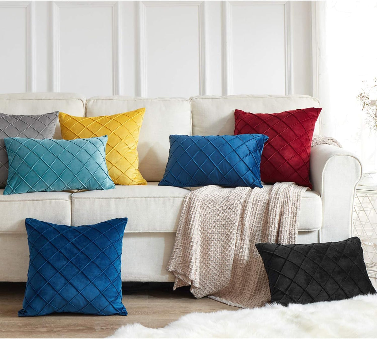 20''x20'' Quilted Velvet Throw Pillow  | 6 Colors – Soft & Stylish Diamond Stitch Design | Modern Couch & Bedroom Accent | Insert Included