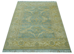 Traditional Oushak Design Blue And Beige 4x6 Hand Knotted Wool Area Rug