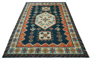 Custom Made Traditional Blue And Ivory Hand Knotted Wool Rug